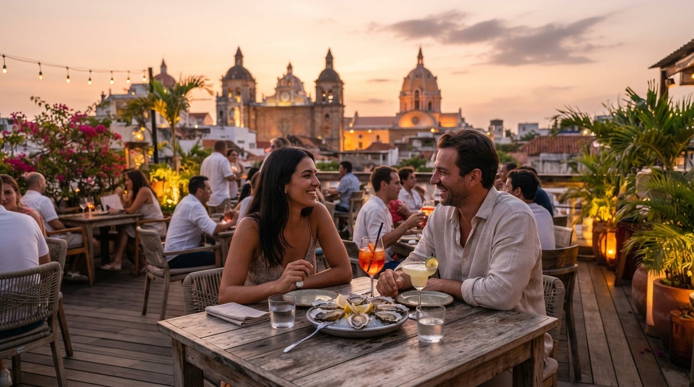 the rooftop terrace at Buena Vida Marisquería y Rooftop at sunset, oysters, cocktails and the old city skyline catching golden light