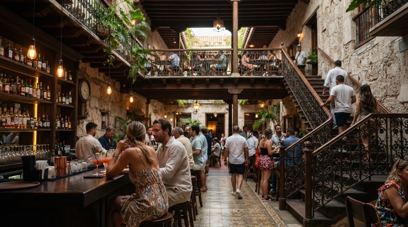 the interior of Alquímico’s 19th-century mansion bar, layered cocktail floors with warm lighting, bottles and guests moving between levels